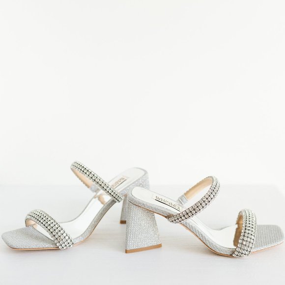 Badgley Mischka Frankie Embellished Satin Mules Silver 7.5 New Block Heel